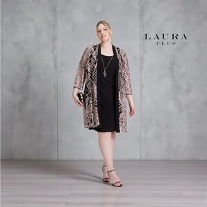 Laura Plus 14+, Lace Open Front Duster Jacket, Plus Size 14W, Black, Pink